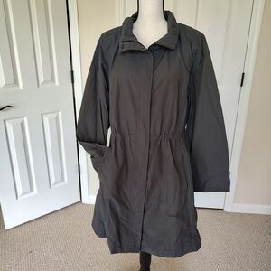 Eileen Fisher Cotton Nylon Gray Brown Raincoat Jack Adjustable Waist Snap Zip XL